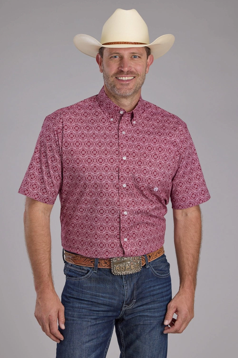 Roper Mens 2386 Medallion Paisley Red Cotton Blend 1 Pkt S/S Shirt EasyCare Fabric