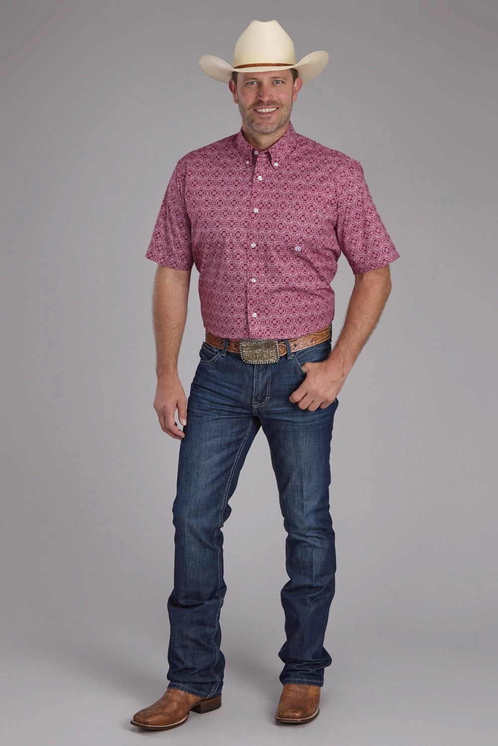 Statement Maker Static Dissipating Fiber Roper Mens 2386 Medallion Paisley Red Cotton Blend 1 Pkt S/S Shirt