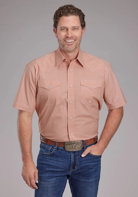 Gym Wear Roper Mens 2387 Stretch Minicheck Orange Cotton Blend S/S Shirt