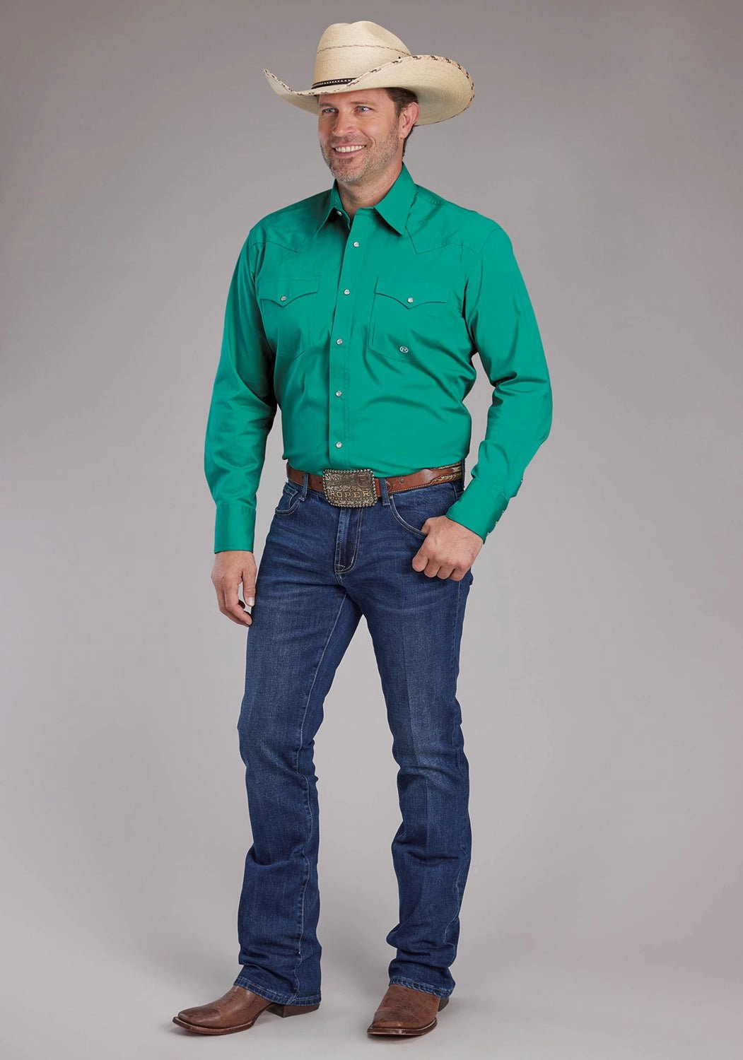 Roper Mens 2388 Poplin Stretch Jade Green Cotton Blend L/S Shirt Festive Look