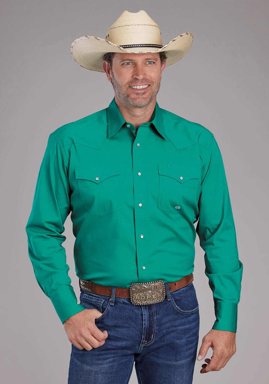 Boho chic Roper Mens 2388 Poplin Stretch Jade Green Cotton Blend L/S Shirt