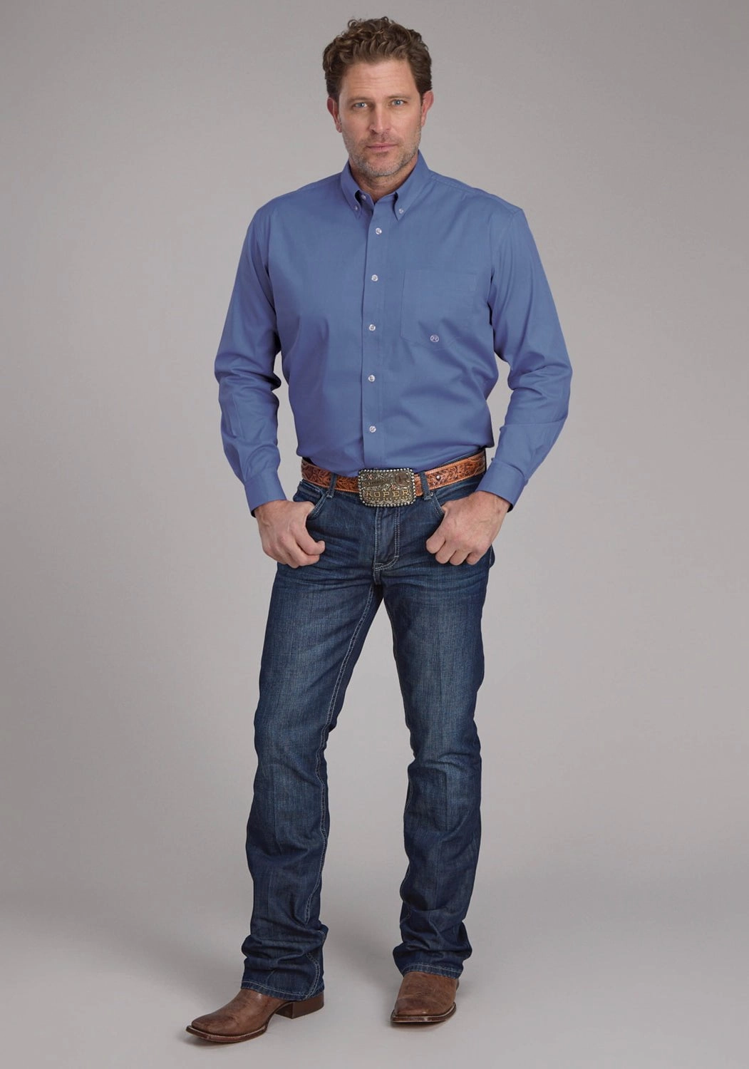 Roper Mens 2388 Solid Poplin Periwinkle Cotton Blend 1 Pkt L/S Shirt Winter Comfort Dressy look