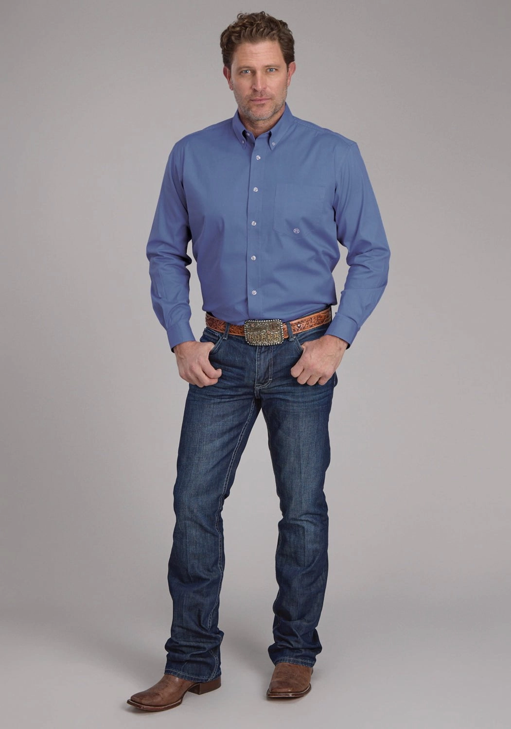 Roper Mens 2388 Solid Poplin Periwinkle Cotton Blend 1 Pkt L/S Shirt Gradient effect