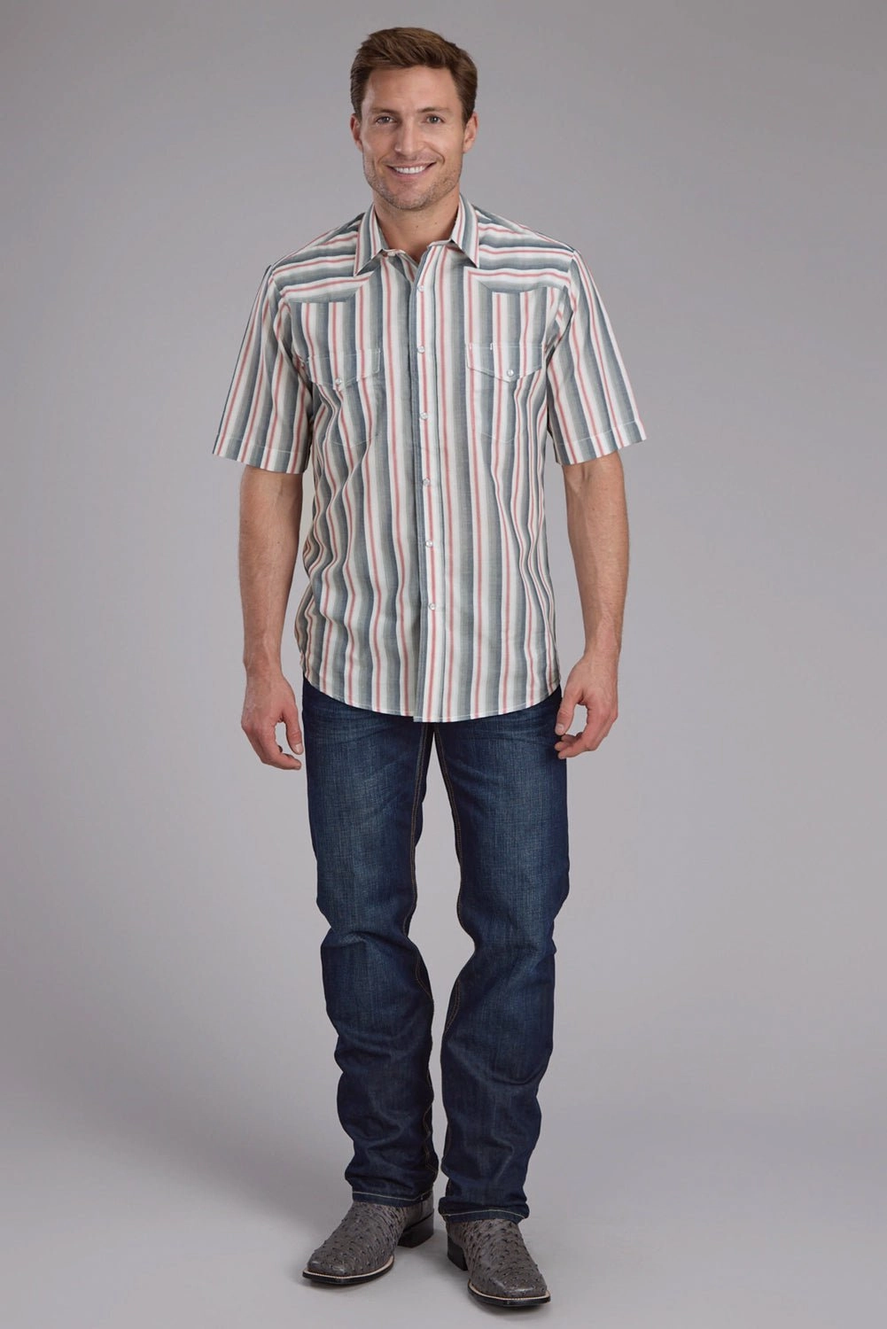 Roper Mens 2403 Ombre Stripe Navy/White Cotton Blend S/S Shirt Static Dissipating Fiber Rugged Style