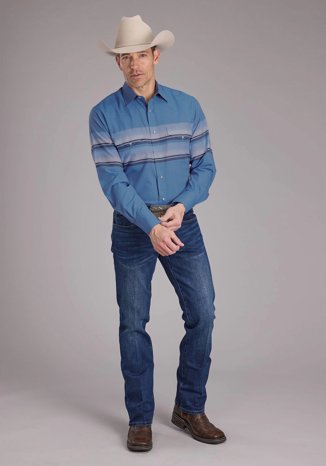 Spring Trend Shimmer Effect Roper Mens 2404 Border Stripe Blue Cotton Blend L/S Shirt