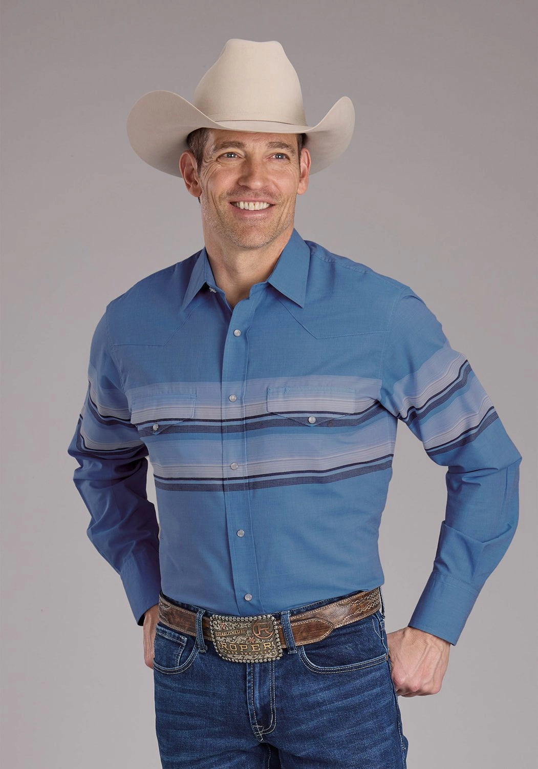 Classic Color Roper Mens 2404 Border Stripe Blue Cotton Blend L/S Shirt