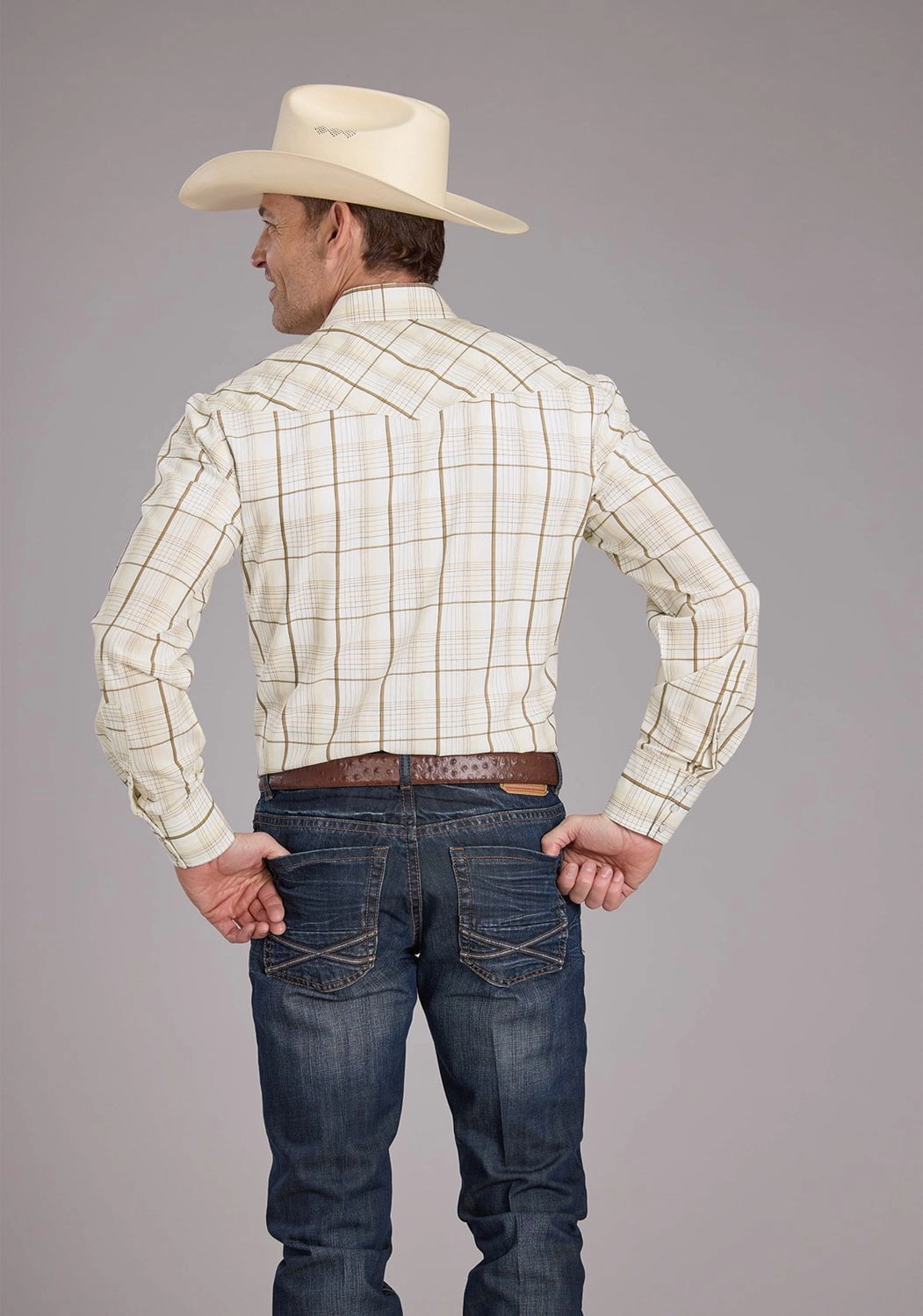 Roper Mens 2406 Neutral Plaid Tan Cotton Blend L/S Shirt Durable Quality