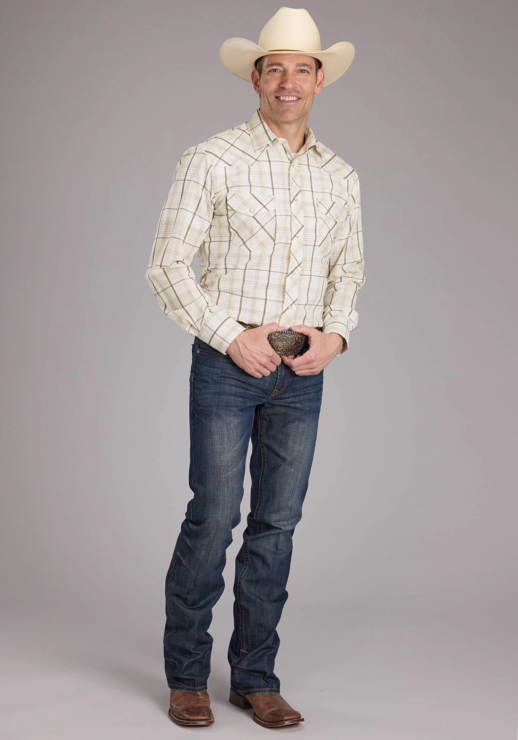 Roper Mens 2406 Neutral Plaid Tan Cotton Blend L/S Shirt Stretch Material