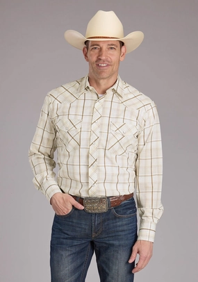Ergonomic Back Panel Roper Mens 2406 Neutral Plaid Tan Cotton Blend L/S Shirt