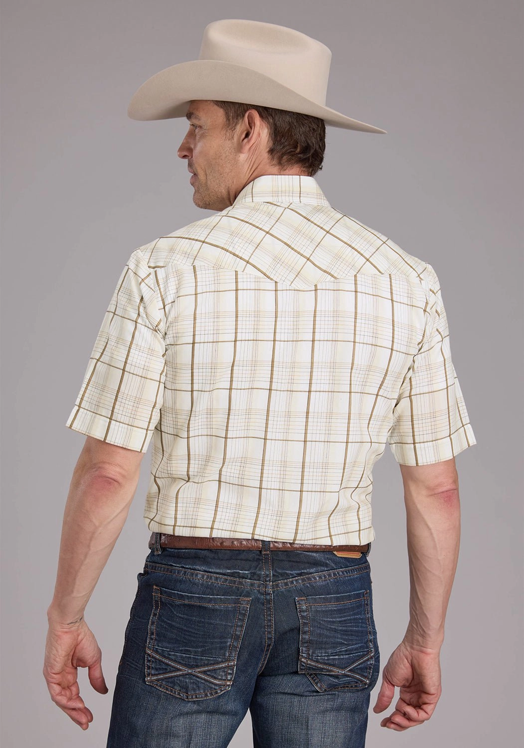 All day wearability Roper Mens 2406 Neutral Plaid Tan Cotton Blend S/S Shirt