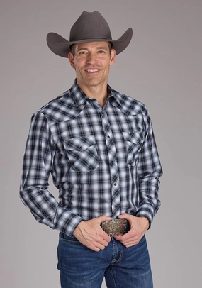 Roper Mens 2407 Plaid Black/White Cotton Blend L/S Shirt Trendsetting Design Loose Comfort