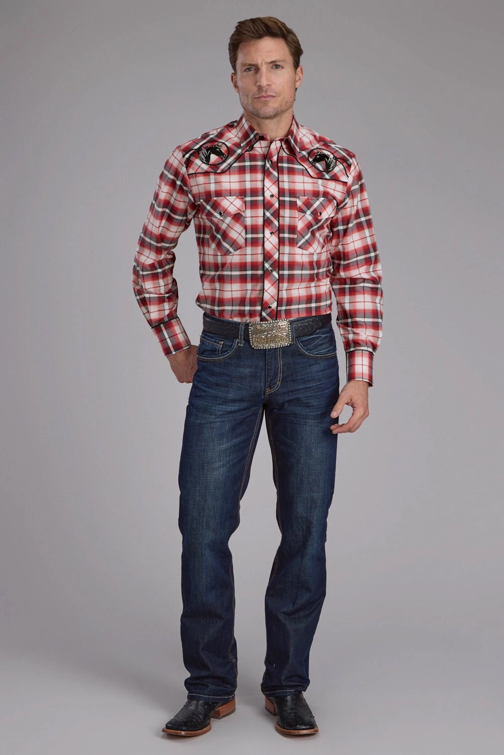 Backpacking Trip Roper Mens 2408 Plaid Horse Red Cotton Blend L/S Shirt