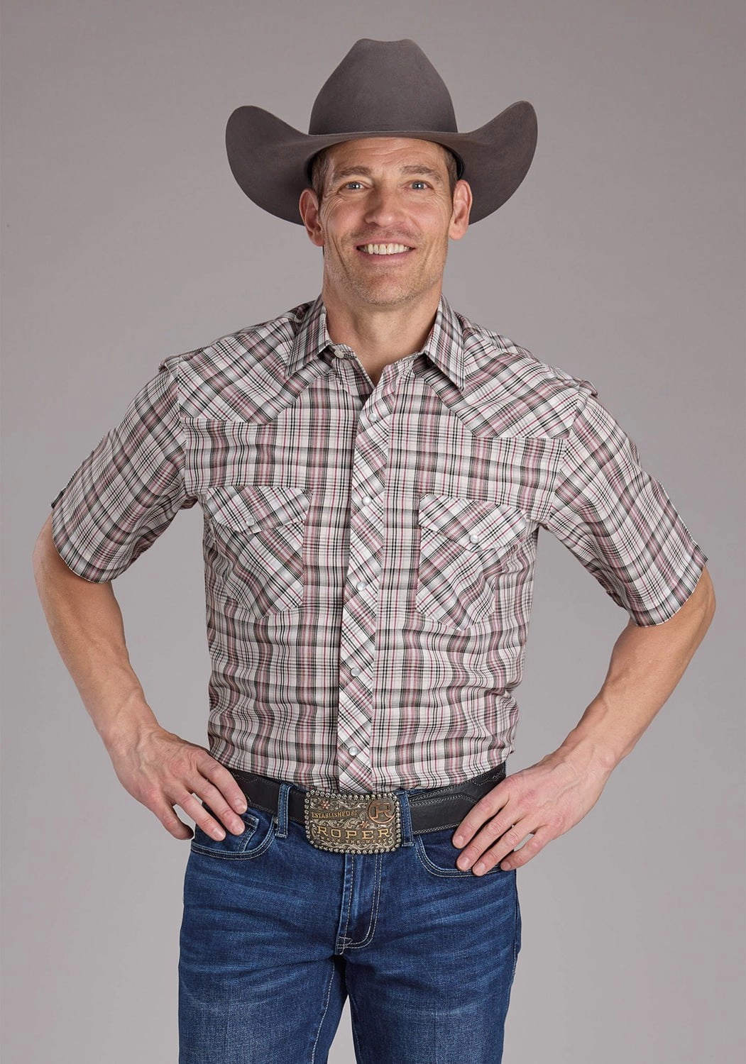 Warm Layers Roper Mens 2409 Plaid White/Grey Cotton Blend S/S Shirt