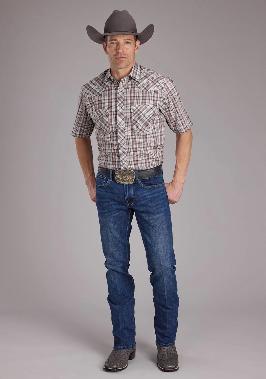 Roper Mens 2409 Plaid White/Grey Cotton Blend S/S Shirt Tagless label Backpacking Trip