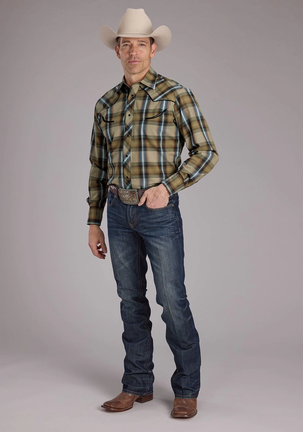 Roper Mens 2410 Plaids Tan Cotton Blend Fancy Leaves L/S Shirt High Neck