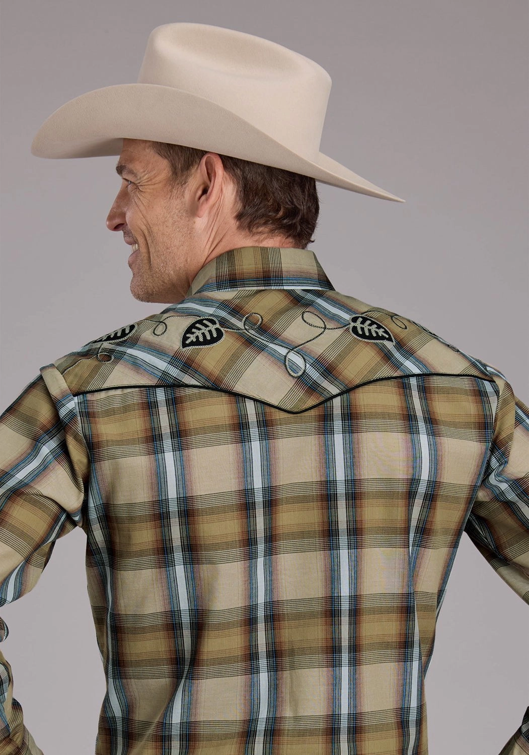 Roper Mens 2410 Plaids Tan Cotton Blend Fancy Leaves L/S Shirt Holiday Style