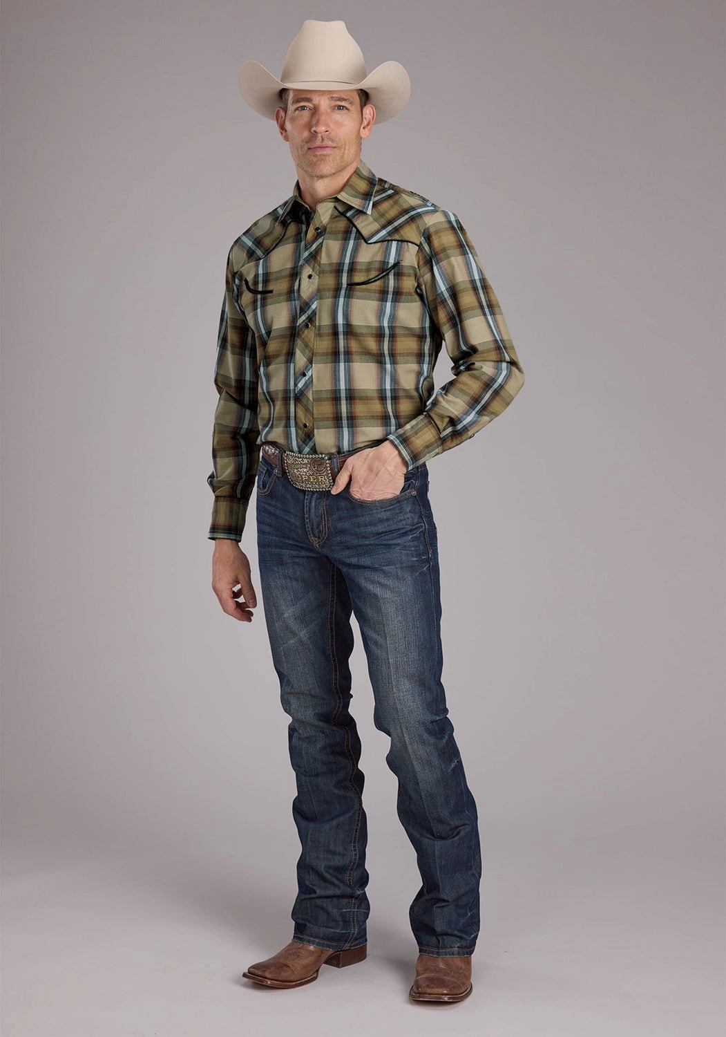 Roper Mens 2410 Plaids Tan Cotton Blend Fancy Leaves L/S Shirt Tall Length crew neck