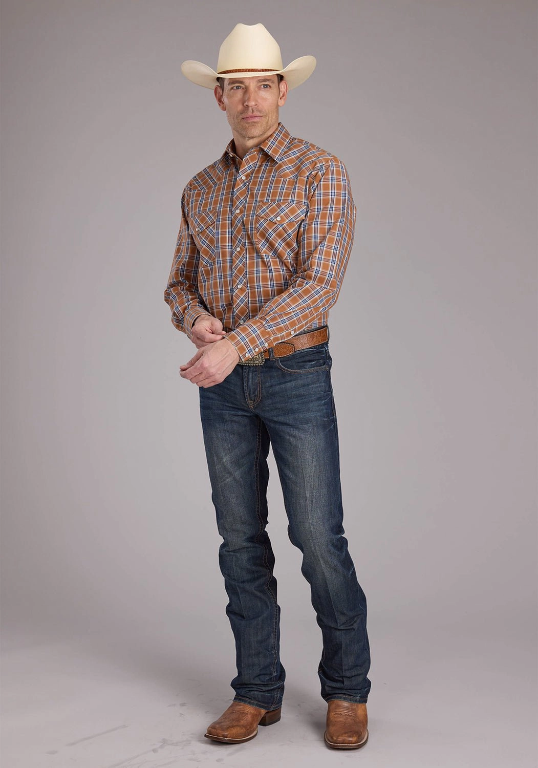 Roper Mens 2411 Plaid Rust Cotton Blend L/S Shirt Versatile Layering Piece