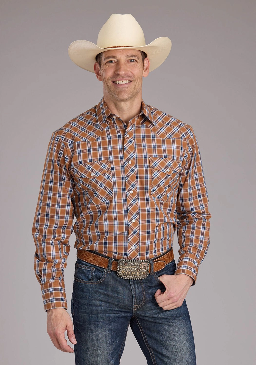 Roper Mens 2411 Plaid Rust Cotton Blend L/S Shirt Fashionable Pick Sustainable Manufacturing Process