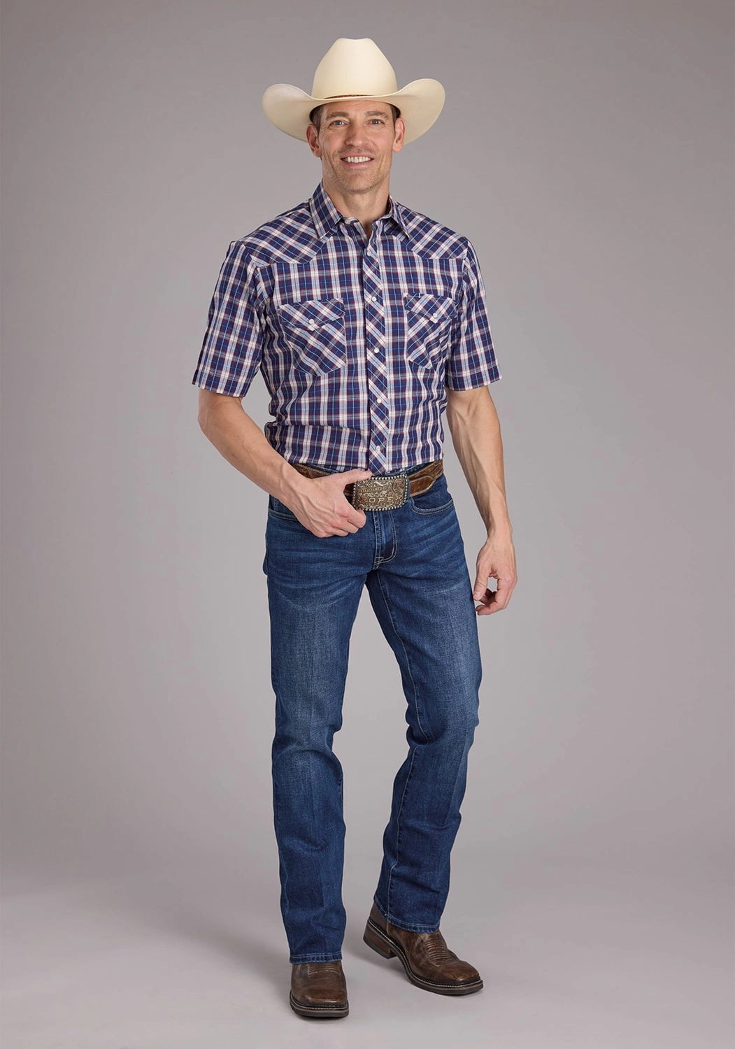 Roper Mens 2414 Multi Plaid Blue Cotton Blend S/S Shirt Eco-Friendly Fabric Cocktail Party