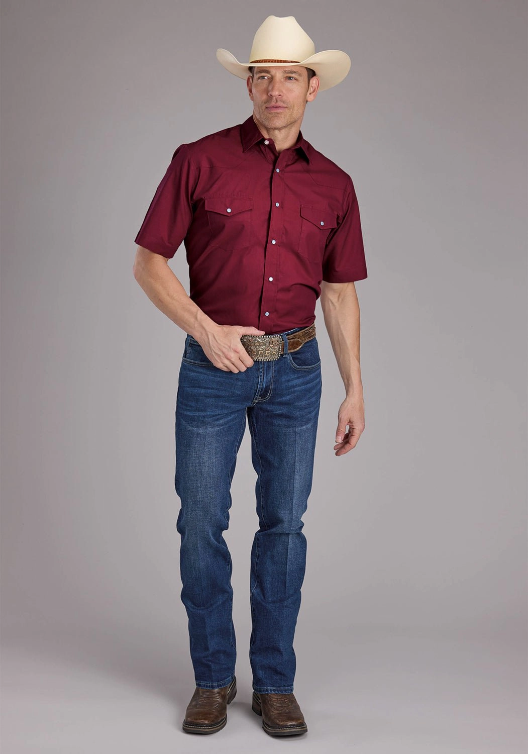 Cruise Collection Classic Appeal Roper Mens 2445 Solid Broadcloth Berry Cotton Blend S/S Shirt