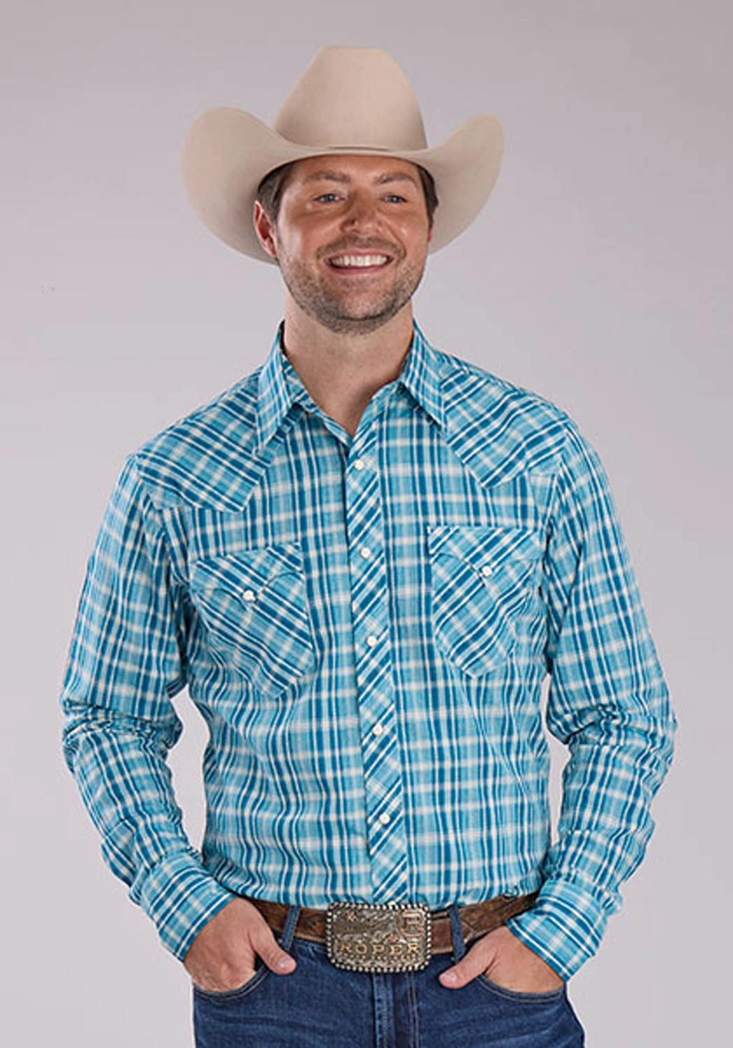 BBQ Party Roper Mens 2466 Ocean Dobby Blue 100% Cotton L/S Shirt