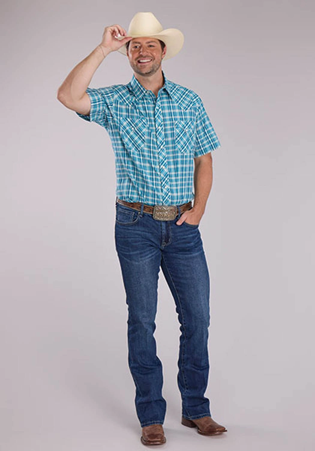 Roper Mens 2466 Ocean Dobby Blue 100% Cotton S/S Shirt No Bulk Layering System Glossy Texture