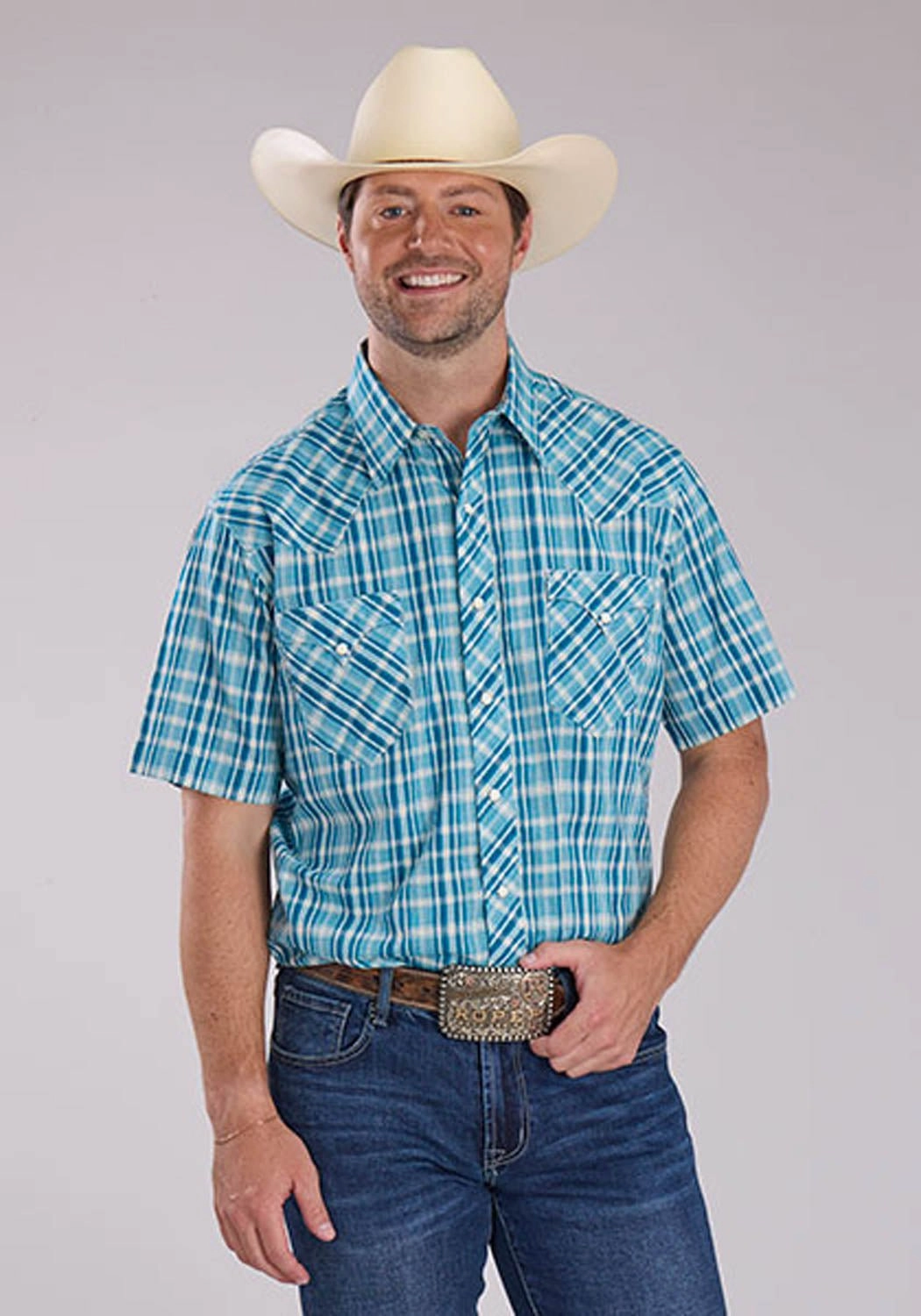 Round Collar Roper Mens 2466 Ocean Dobby Blue 100% Cotton S/S Shirt