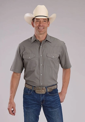 Roper Mens 2475 Solid Broadcloth Light Smokey Grey Cotton Blend S/S Shirt Water Repellent Finish