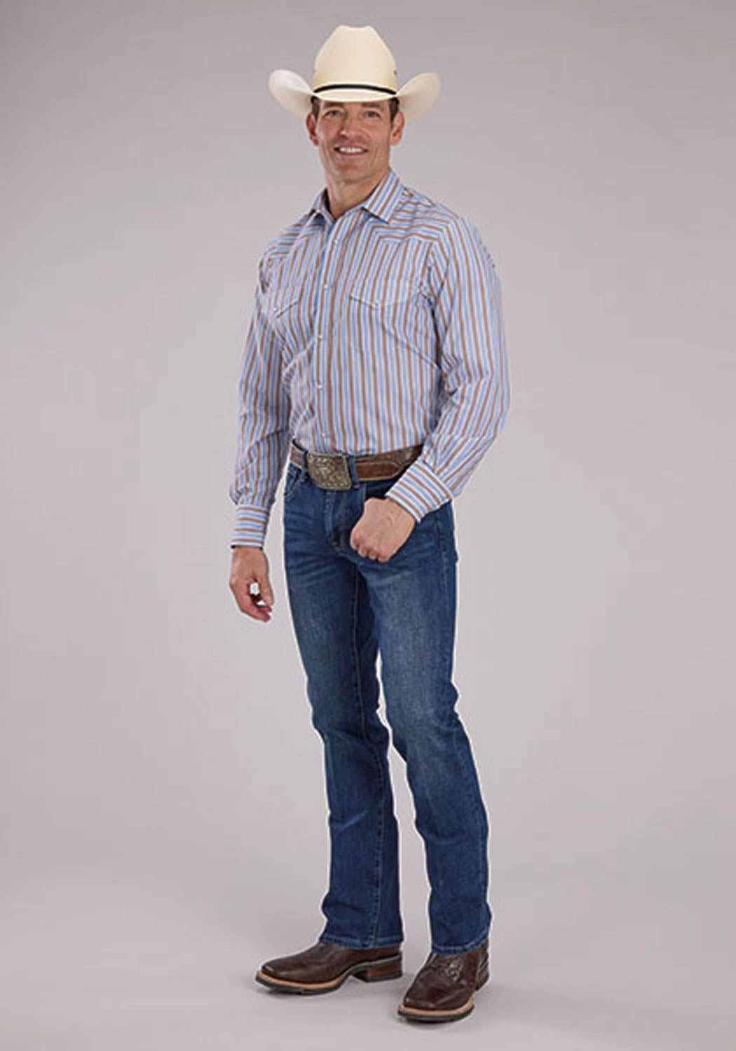 Reinforced Buttonholes Patterned Texture Roper Mens 2476 Western Stripe Brown/Blue Cotton Blend L/S Shirt