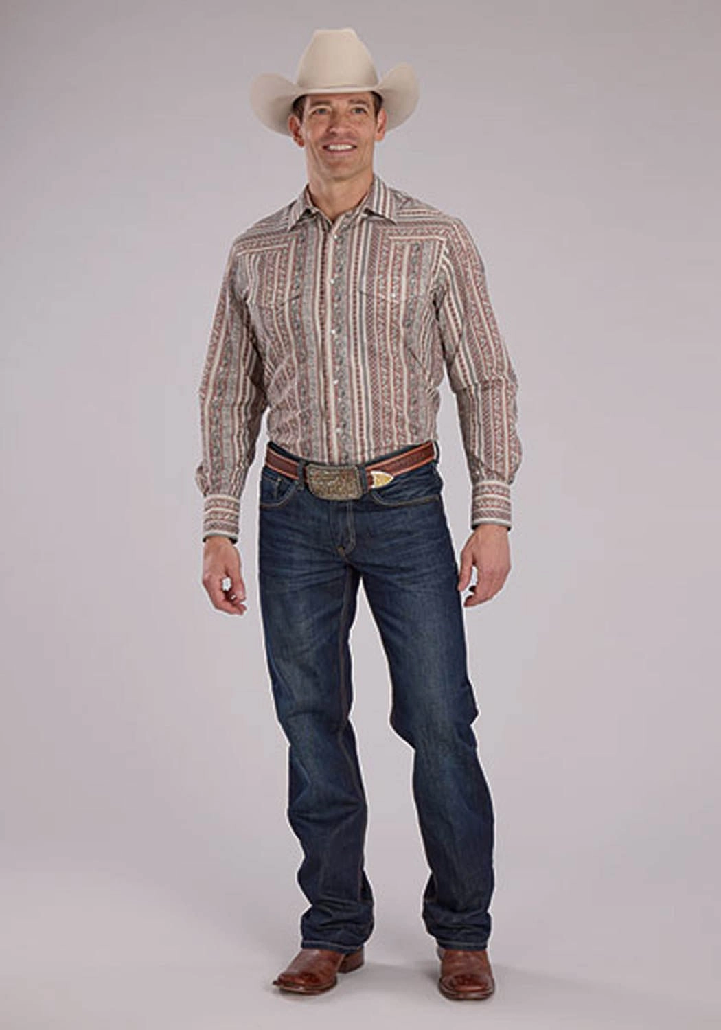 Roper Mens 2479 Wallpaper Print Cream Cotton Blend L/S Shirt Reinforced Seams