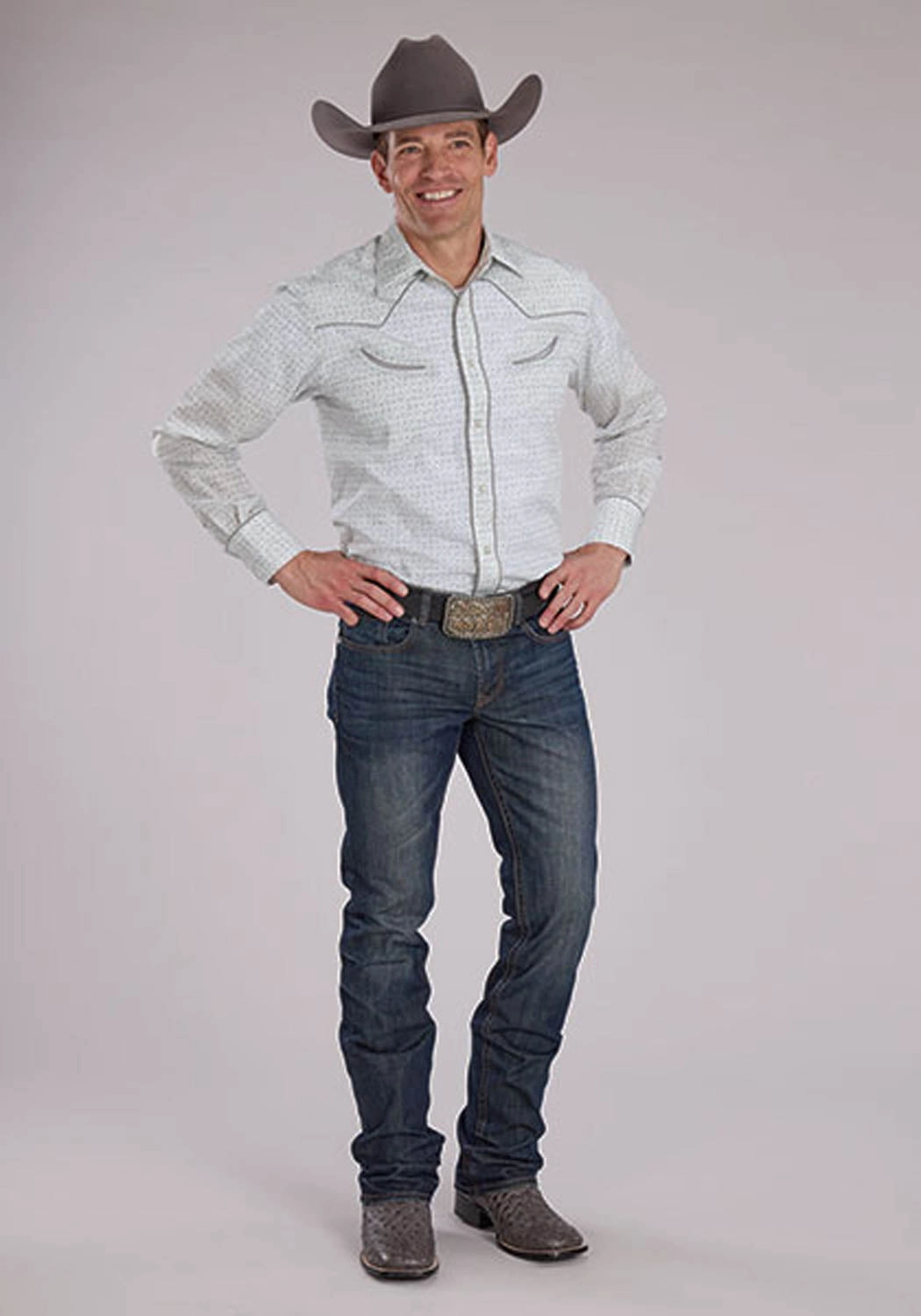 Unisex style Roper Mens 2481 Retro Floral Grey/White Cotton Blend L/S Shirt