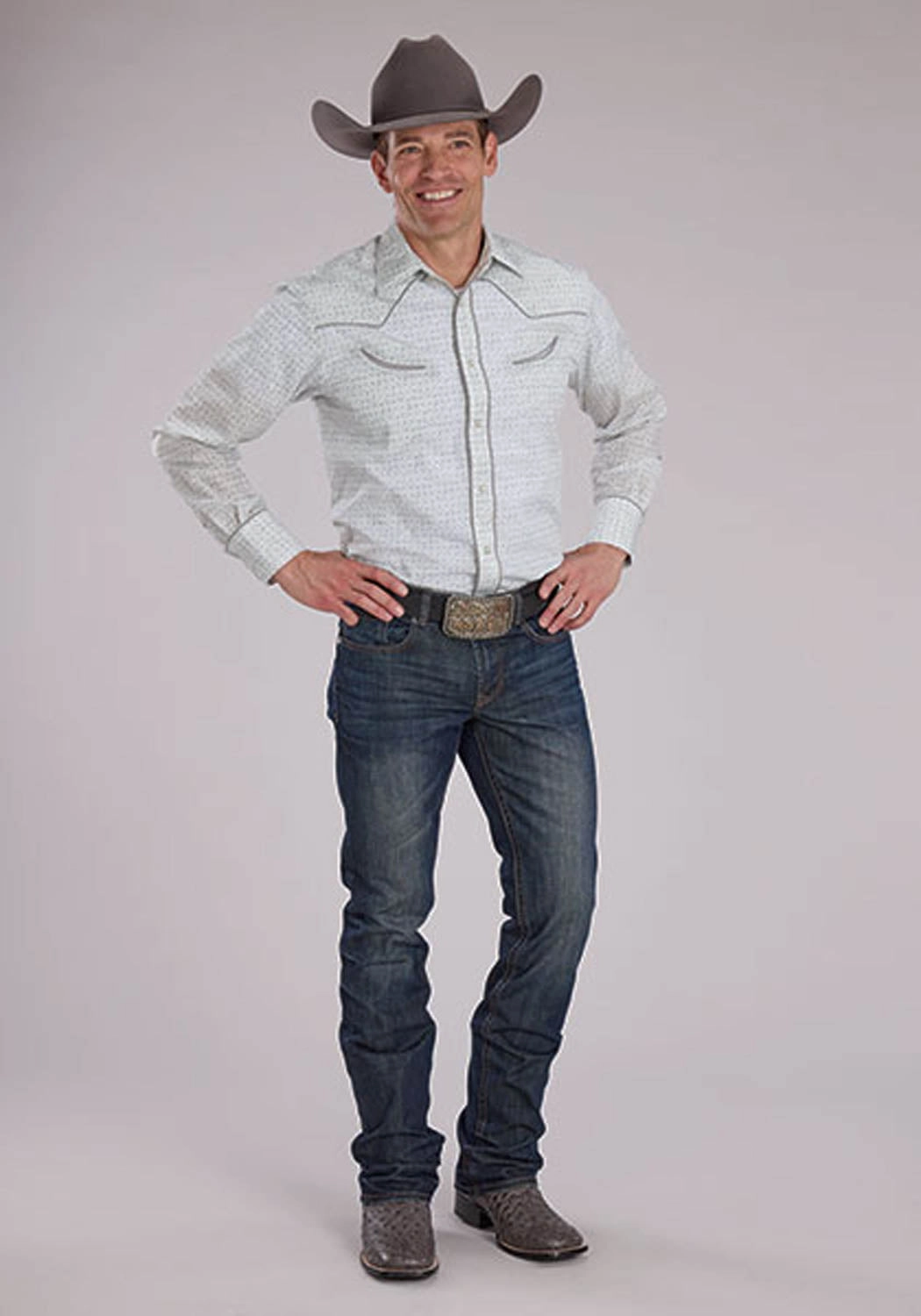 Clean Edge Trim Roper Mens 2481 Retro Floral Grey/White Cotton Blend L/S Shirt