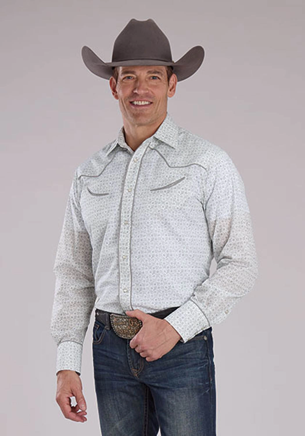 Airflow Ventilation System Date night Roper Mens 2481 Retro Floral Grey/White Cotton Blend L/S Shirt