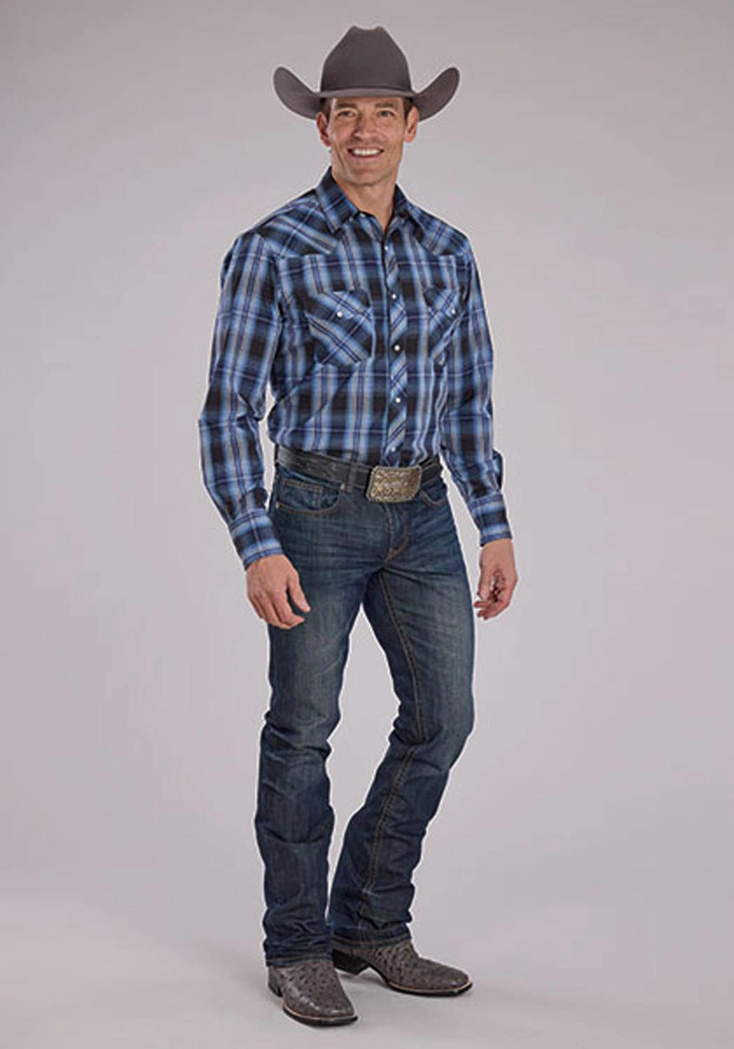 Polished Look Roper Mens 2482 Western Plaid Carolina Blue Cotton Blend L/S Shirt