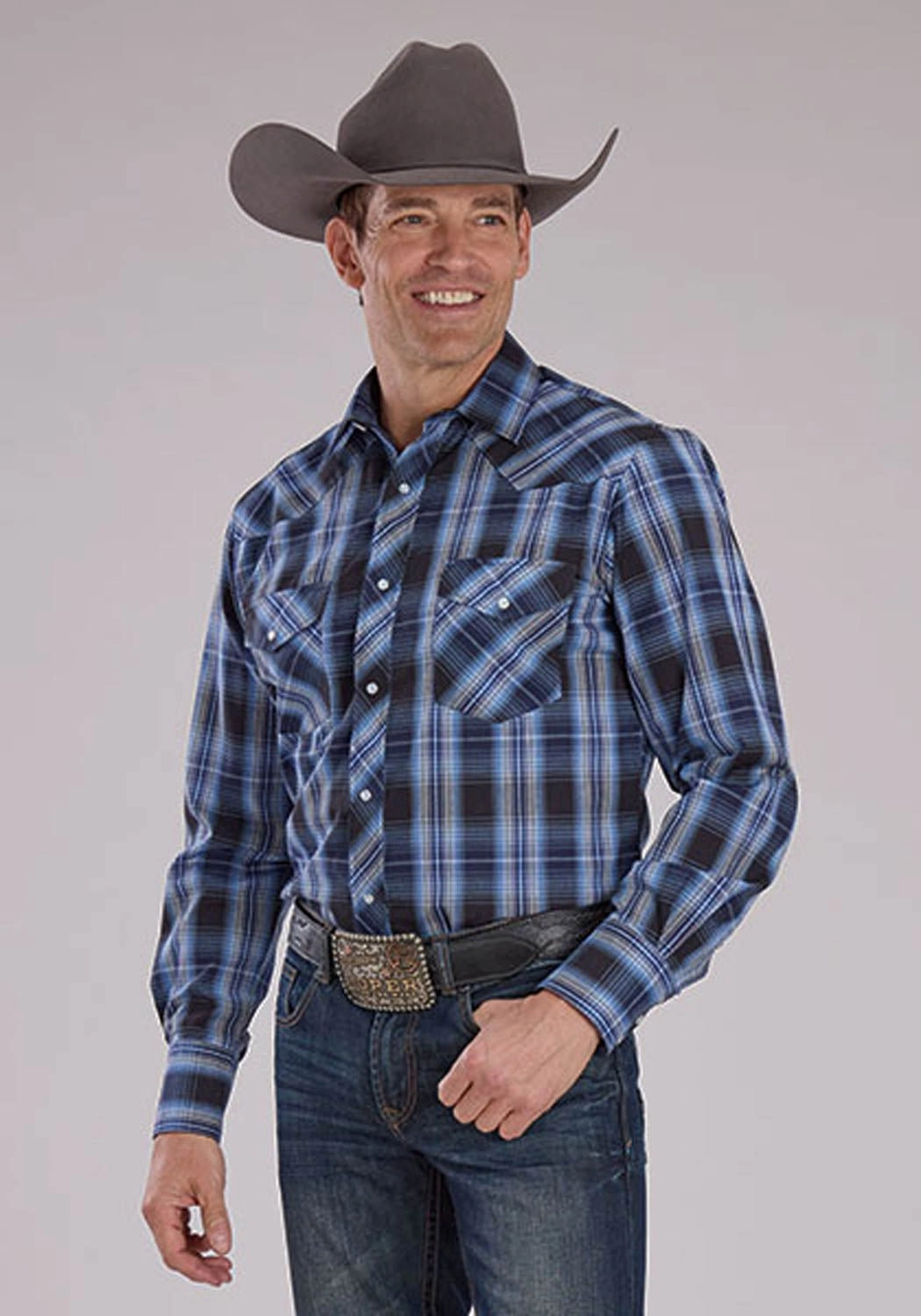 Roper Mens 2482 Western Plaid Carolina Blue Cotton Blend L/S Shirt Layering Essential