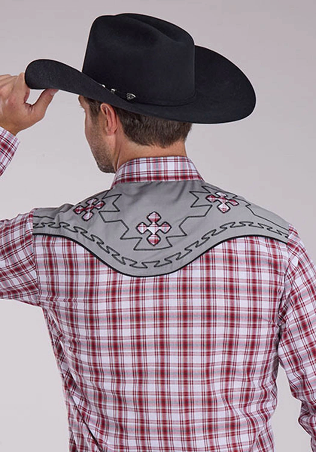 Non Irritating Tags Roper Mens 2485 Southwestern Cross Red/Grey Cotton Blend L/S Shirt