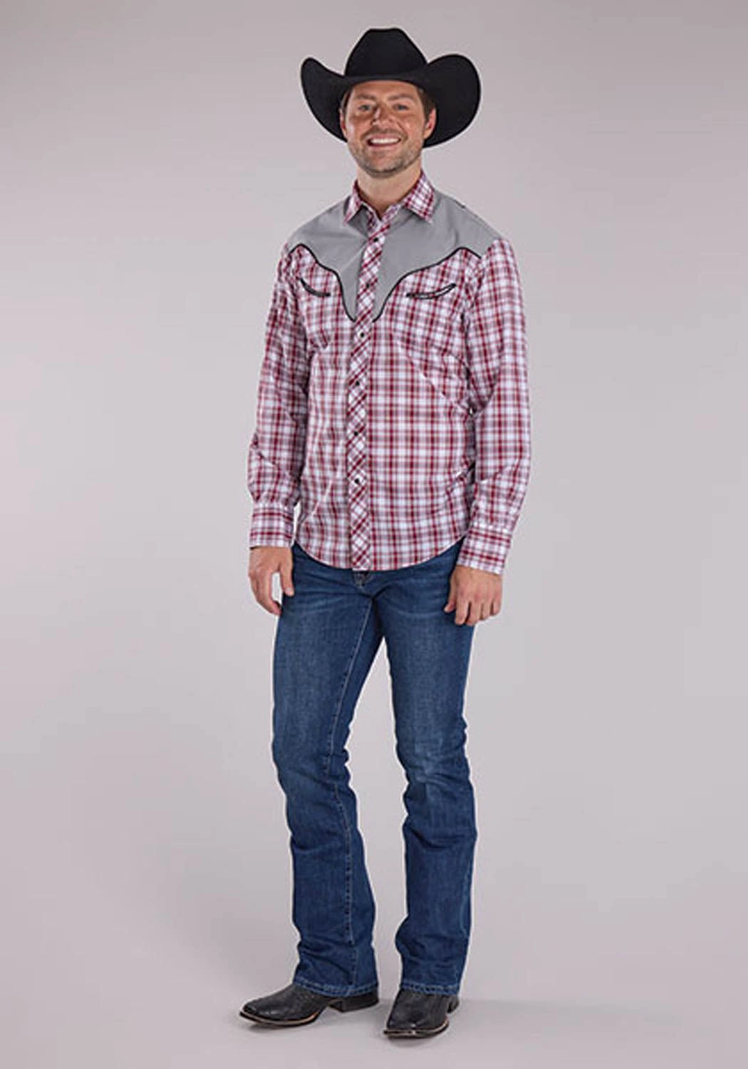 Roper Mens 2485 Southwestern Cross Red/Grey Cotton Blend L/S Shirt Multi Pocket Design Spring Collection