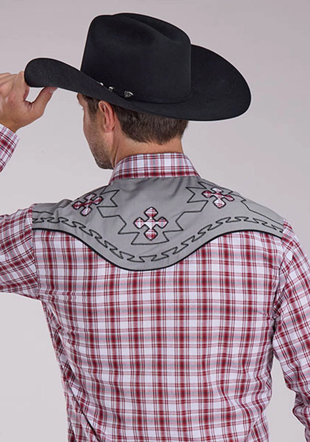 Roper Mens 2485 Southwestern Cross Red/Grey Cotton Blend L/S Shirt Dynamic Design Casual Comfort