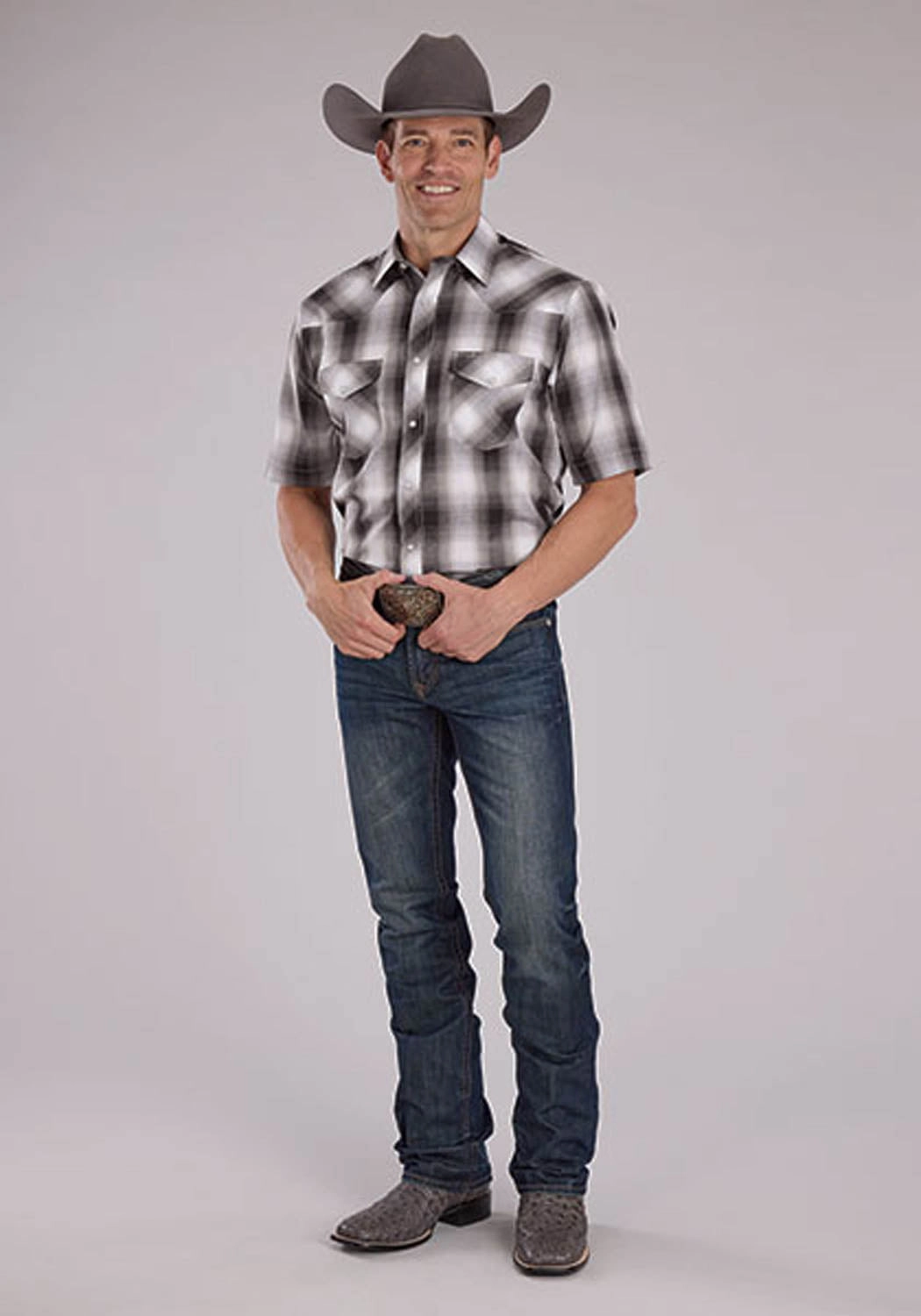 Spring Trend Handcrafted Detail Roper Mens 2486 Western Plaid Grey/White Cotton Blend S/S Shirt