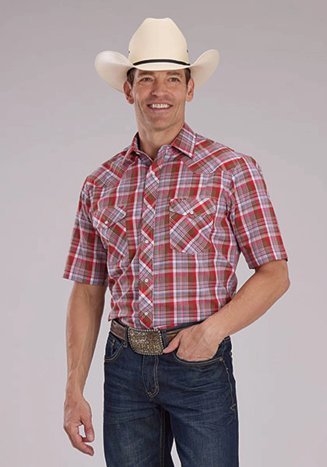 Soft Material Tailored Cut Roper Mens 2487 Western Plaid Brown/Red Cotton Blend S/S Shirt