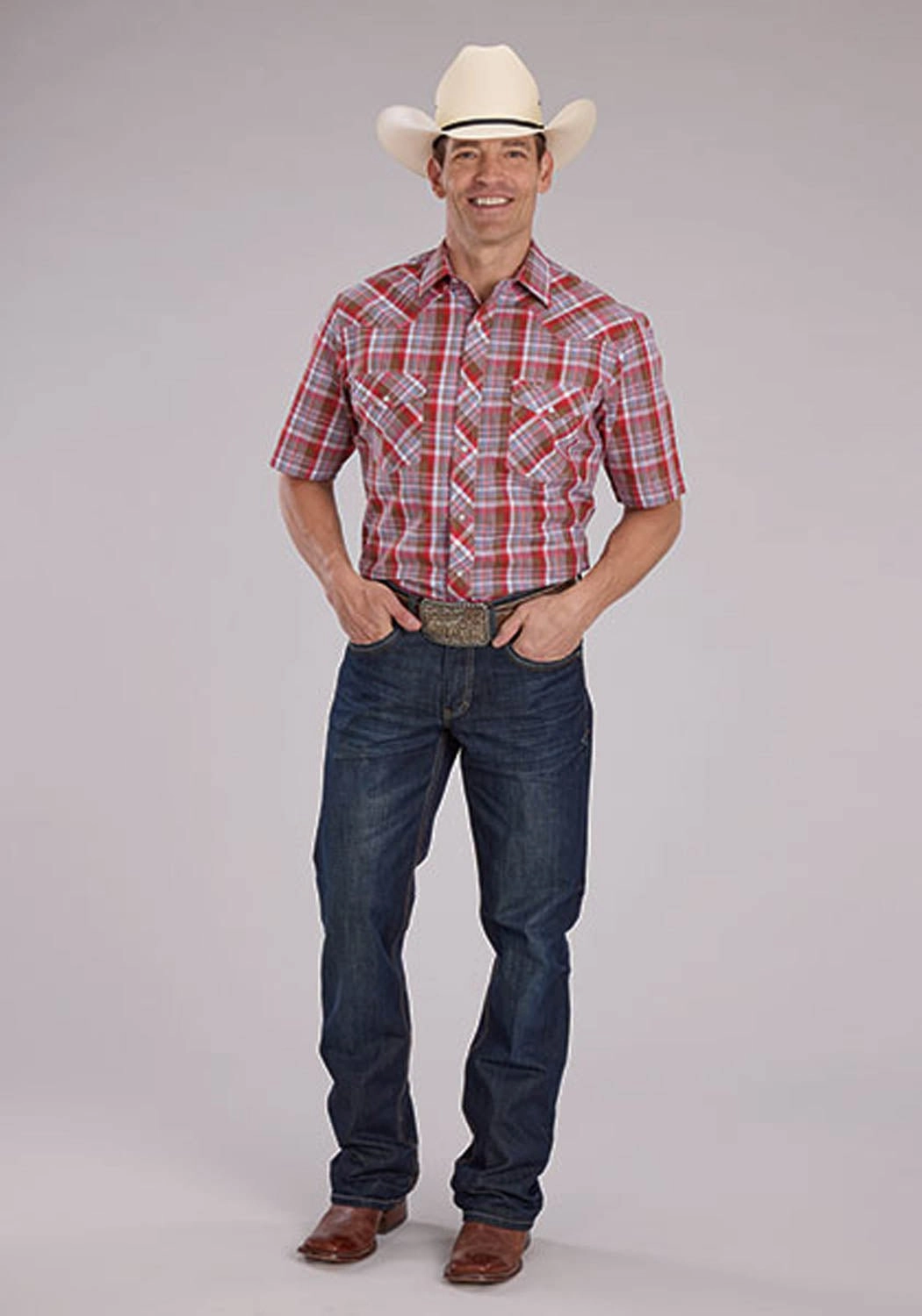 Roper Mens 2487 Western Plaid Brown/Red Cotton Blend S/S Shirt Mesh Insert Non Iron Material
