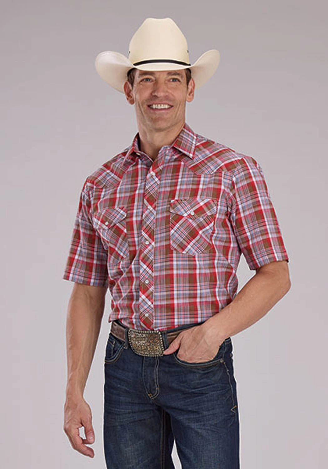 Minimalist Design Lightweight texture Roper Mens 2487 Western Plaid Brown/Red Cotton Blend S/S Shirt