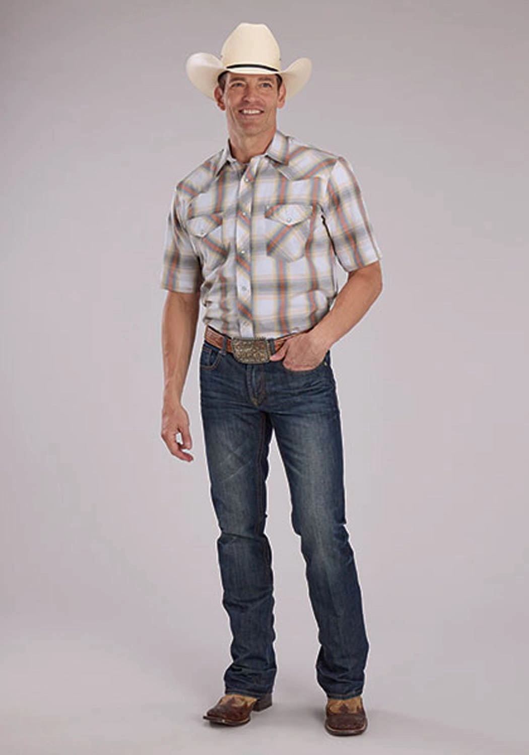 Durable Quality Smooth Cotton Blend Roper Mens 2488 Western Plaid Cream/Tangerine Cotton Blend S/S Shirt