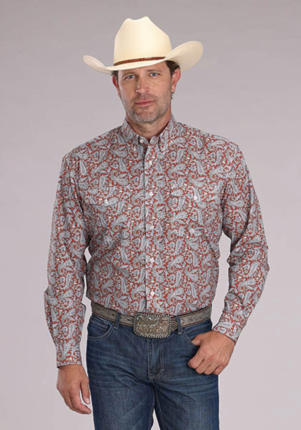 Roper Mens 2499 Clay Paisley Orange 100% Cotton Btn L/S Shirt Work Appropriate Comfortable Fabric