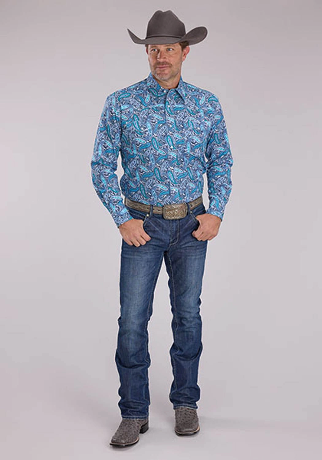 decorative element Summer Must-have Roper Mens 2502 Sky Paisley Blue 100% Cotton L/S Shirt