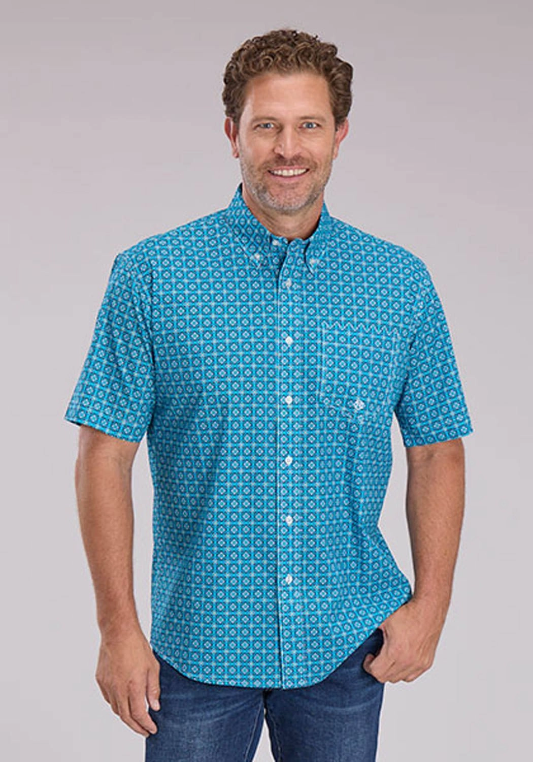 Roper Mens 2503 Bluebird Foulard Blue 100% Cotton 1 Pkt S/S Shirt Classic Collar Waffle Weave