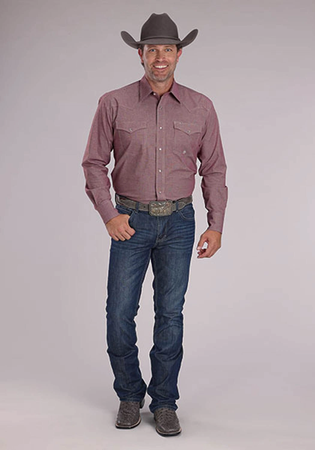 Roper Mens 2510 Stretch Mini Check Wine Cotton Blend L/S Shirt Dynamic Design Classic Color