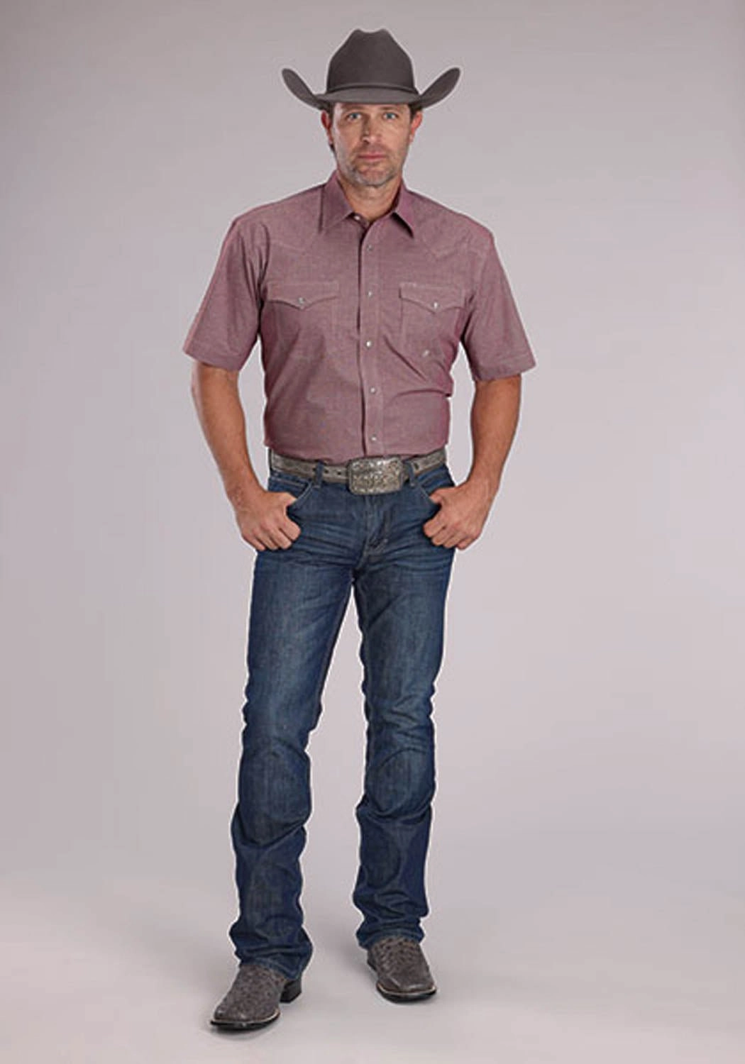 Tall Length Roper Mens 2510 Stretch Mini Check Wine Cotton Blend S/S Shirt