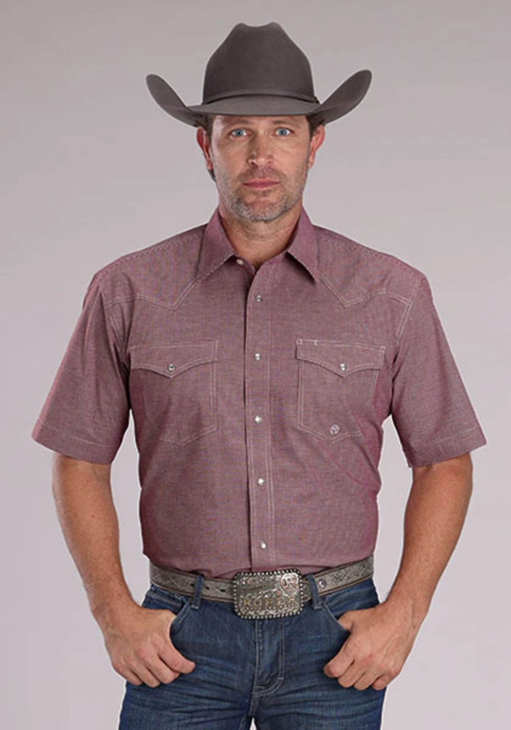 Roper Mens 2510 Stretch Mini Check Wine Cotton Blend S/S Shirt Trendy Fashion